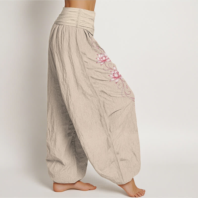Buddha Stones Pure Cotton Lotus Blossom Pattern Women's Elastic Waist Harem Pants - image 16