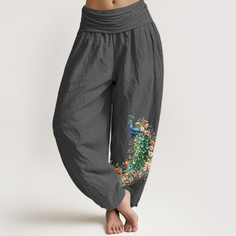 Buddha Stones Pure Cotton Peacock Floral Pattern Women's Elastic Waist Harem Pants - DimGray - US16，UK/AU20，EU48 (3XL) - image 8