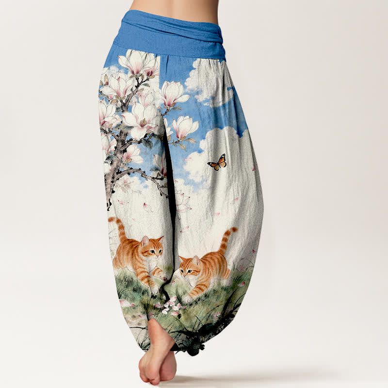 Buddha Stones Pure Cotton Magnolia Orange Tabby Cats Pattern Women's Elastic Waist Harem Pants - image 1
