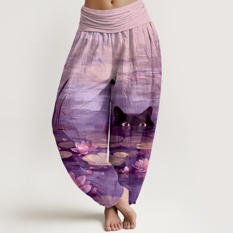 Buddha Stones Cotton Lotus Pond Cat Pattern Women's Elastic Waist Harem Pants - MediumPurple - US16，UK/AU20，EU48 (3XL) - image 5