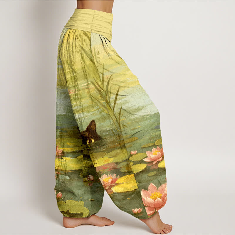 Buddha Stones Cotton Lotus Pond Cat Pattern Women's Elastic Waist Harem Pants - image 10