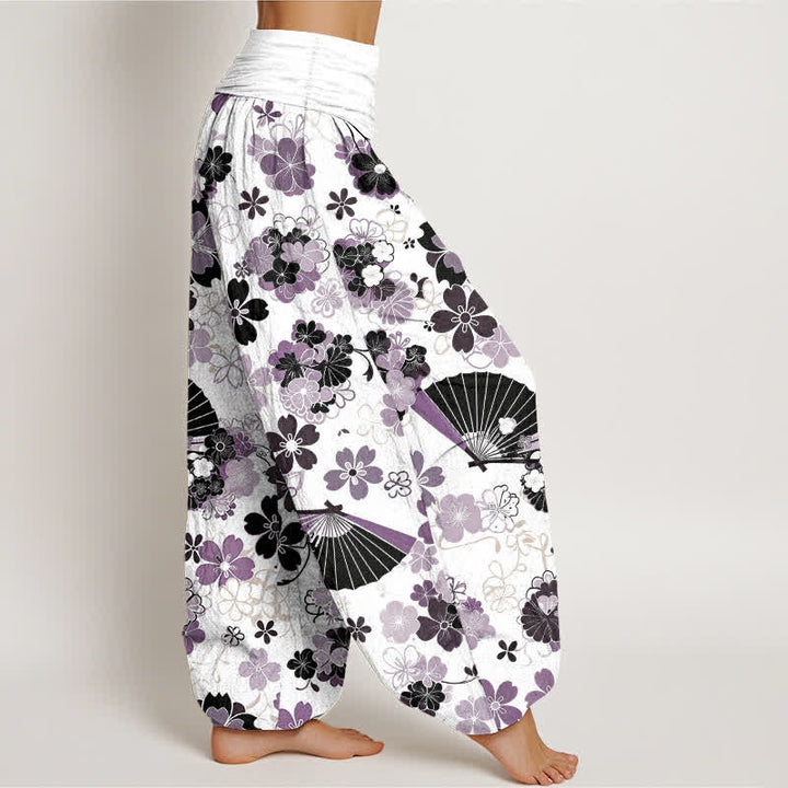 Buddha Stones Cotton Cherry Blossoms Floral Fan Pattern Women's Elastic Waist Harem Pants - image 2