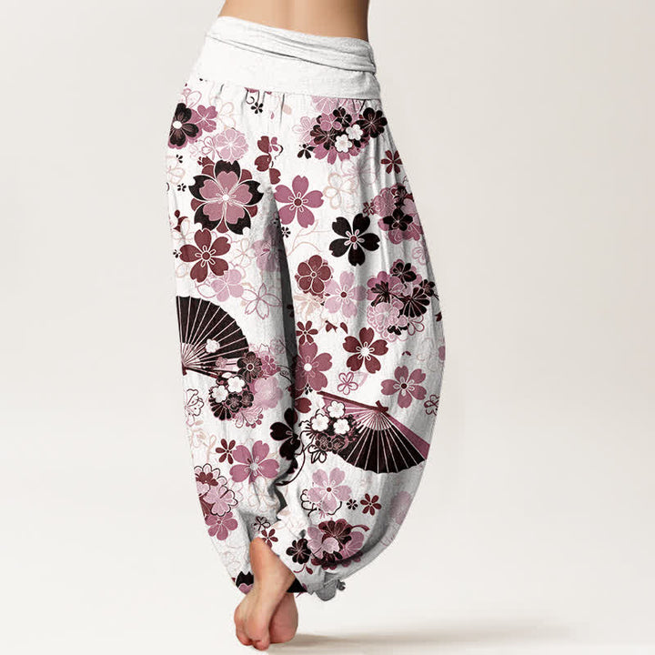 Buddha Stones Cotton Cherry Blossoms Floral Fan Pattern Women's Elastic Waist Harem Pants - image 6
