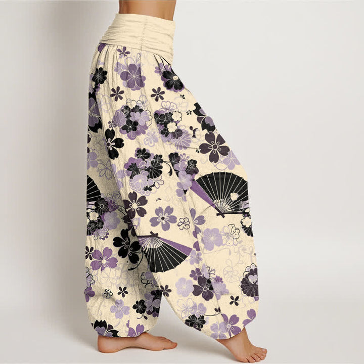 Buddha Stones Cotton Cherry Blossoms Floral Fan Pattern Women's Elastic Waist Harem Pants - image 10
