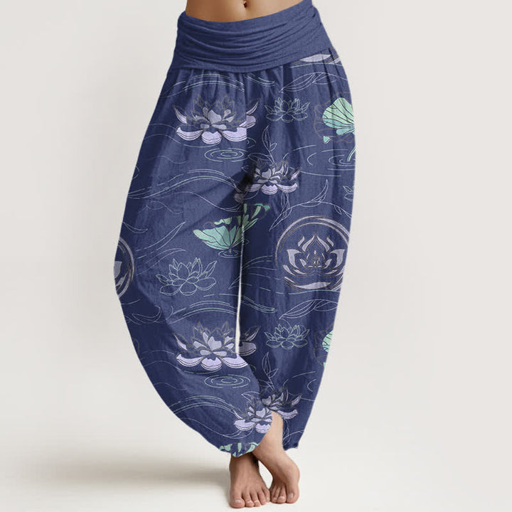 Buddha Stones Cotton Lotus Ripple Pattern Women's Elastic Waist Harem Pants - Navy - US16，UK/AU20，EU48 (3XL) - image 0