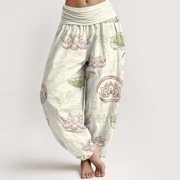Buddha Stones Cotton Lotus Ripple Pattern Women's Elastic Waist Harem Pants - Ivory - US16，UK/AU20，EU48 (3XL) - image 5
