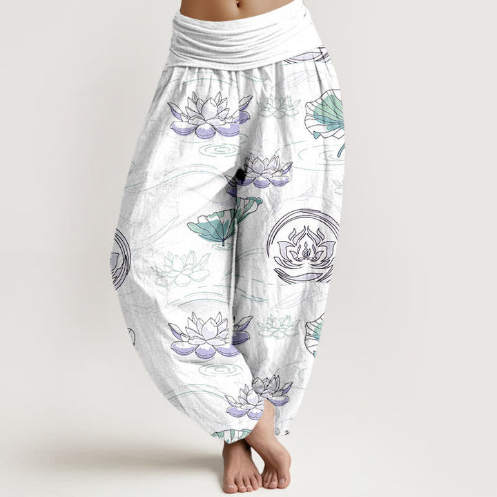 Buddha Stones Cotton Lotus Ripple Pattern Women's Elastic Waist Harem Pants - White - US16，UK/AU20，EU48 (3XL) - image 8