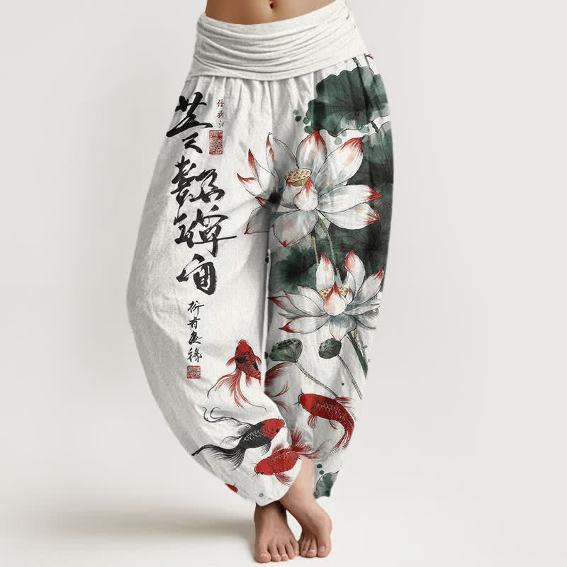Buddha Stones Cotton Lotus Red Koi Fish Ink Calligraphy Pattern Women's Elastic Waist Harem Pants - FloralWhite - US16，UK/AU20，EU48 (3XL) - image 0