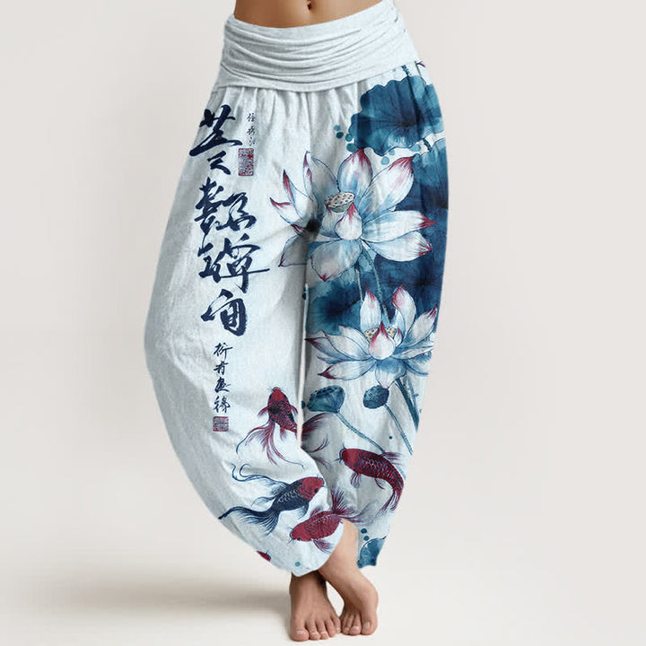 Buddha Stones Cotton Lotus Red Koi Fish Ink Calligraphy Pattern Women's Elastic Waist Harem Pants - PowderBlue - US16，UK/AU20，EU48 (3XL) - image 5