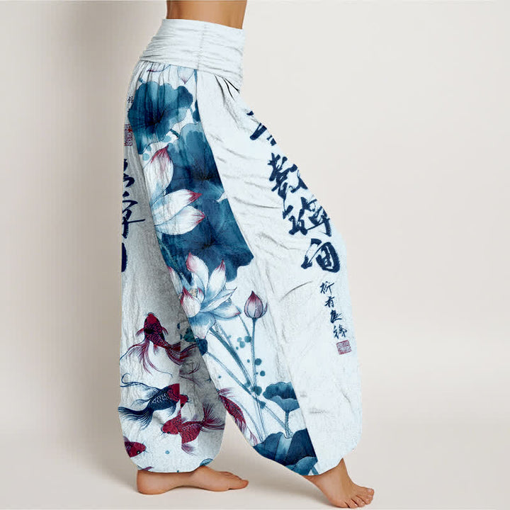 Buddha Stones Cotton Lotus Red Koi Fish Ink Calligraphy Pattern Women's Elastic Waist Harem Pants - image 7