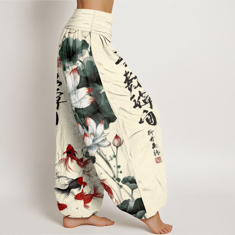 Buddha Stones Cotton Lotus Red Koi Fish Ink Calligraphy Pattern Women's Elastic Waist Harem Pants - image 10