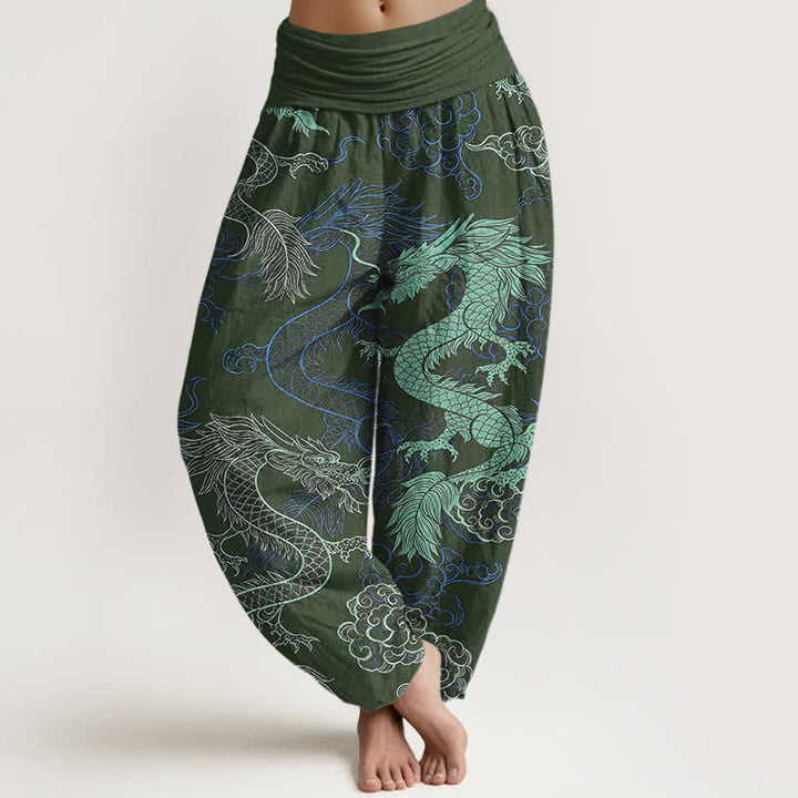 Buddha Stones Cotton Azure Dragon Pattern Women's Elastic Waist Harem Pants - DarkOliveGreen - US16，UK/AU20，EU48 (3XL) - image 5