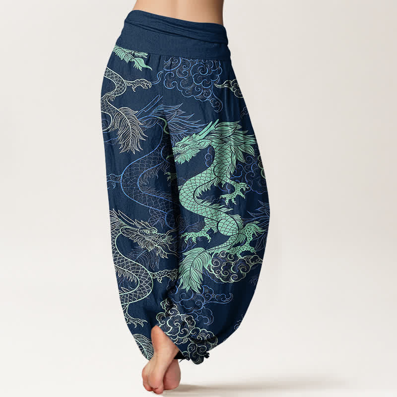 Buddha Stones Cotton Azure Dragon Pattern Women's Elastic Waist Harem Pants - image 9