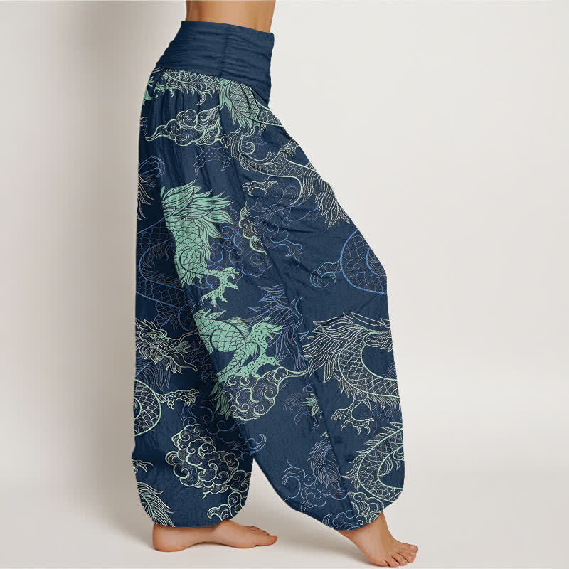 Buddha Stones Cotton Azure Dragon Pattern Women's Elastic Waist Harem Pants - image 10