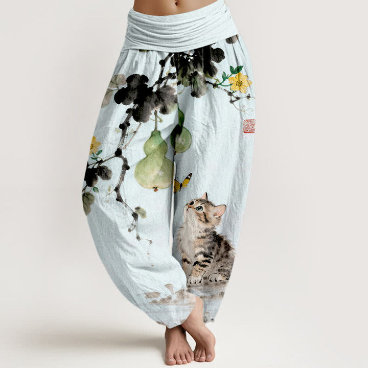 Buddha Stones Cotton Ink Cat Gourd Pattern Women's Elastic Waist Harem Pants - LightBlue - US16，UK/AU20，EU48 (3XL) - image 5