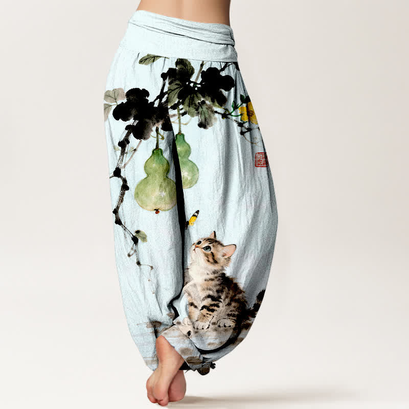 Buddha Stones Cotton Ink Cat Gourd Pattern Women's Elastic Waist Harem Pants - image 6