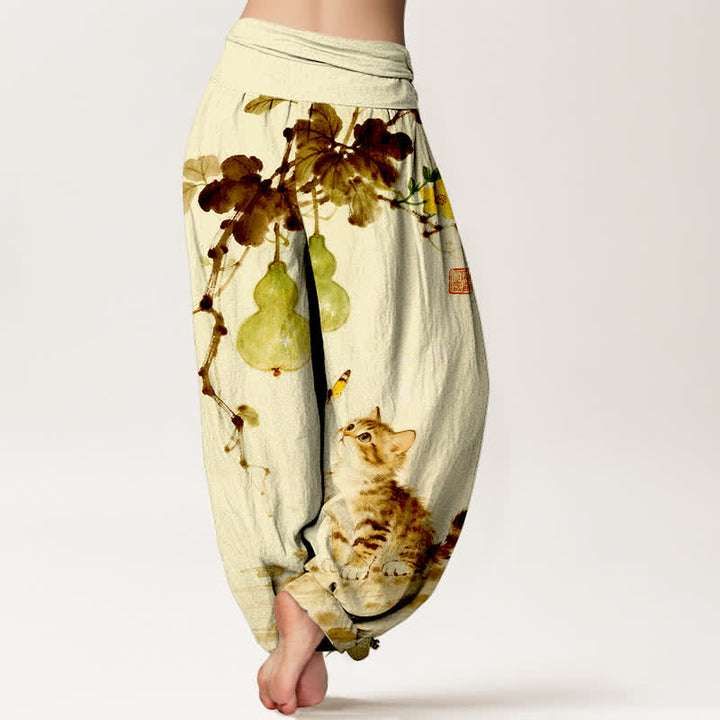 Buddha Stones Cotton Ink Cat Gourd Pattern Women's Elastic Waist Harem Pants - image 9