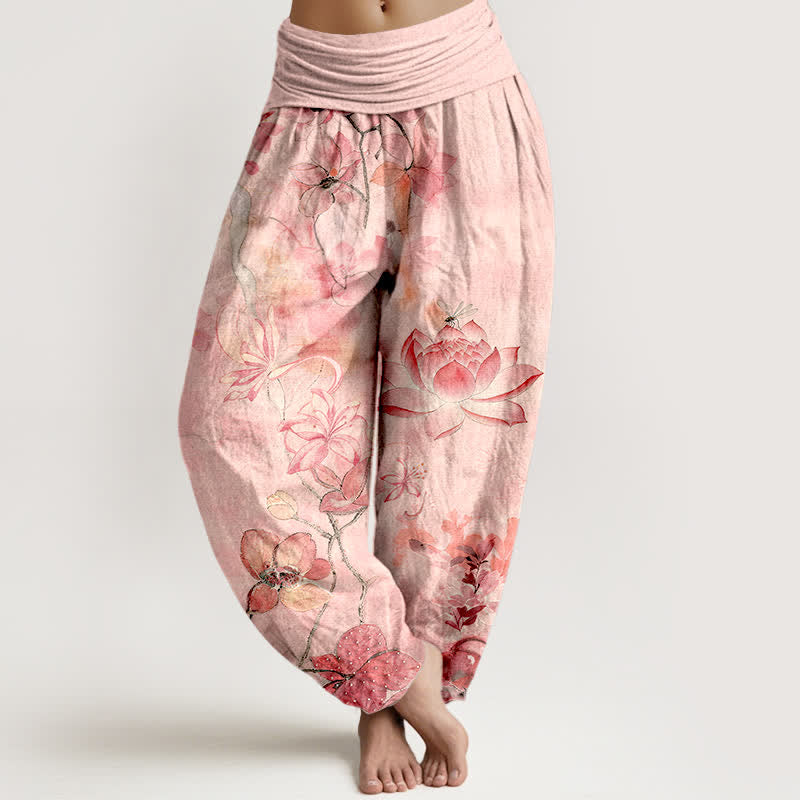 Buddha Stones Cotton Lotus Bloom Dragonfly Pattern Women's Elastic Waist Harem Pants - LightPink - US16，UK/AU20，EU48 (3XL) - image 0
