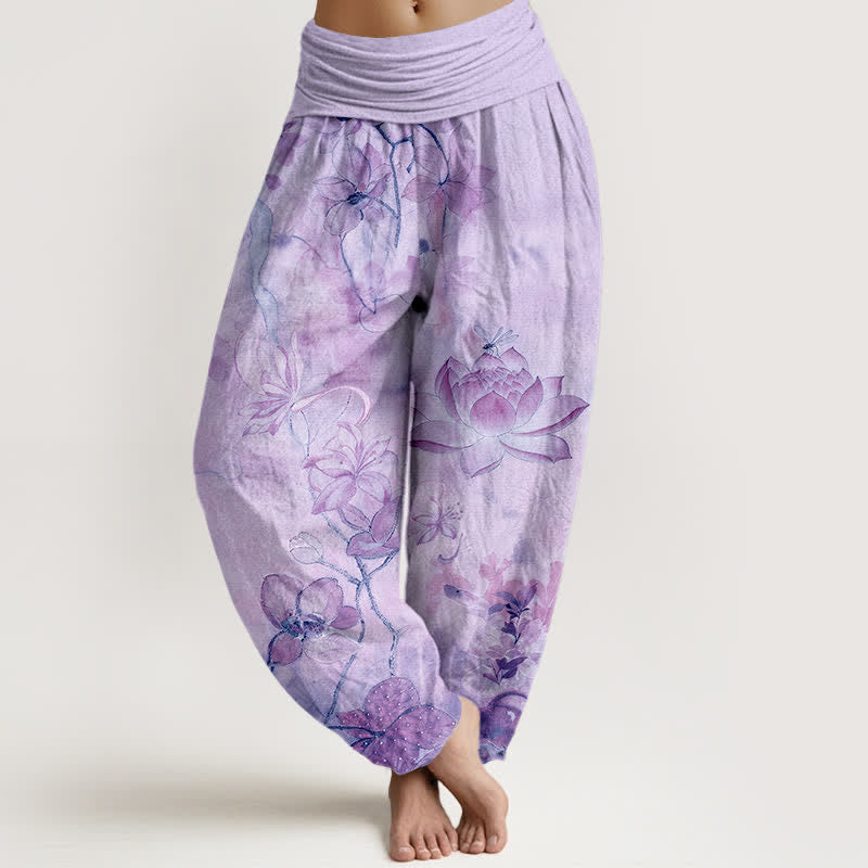 Buddha Stones Cotton Lotus Bloom Dragonfly Pattern Women's Elastic Waist Harem Pants - Lavender - US16，UK/AU20，EU48 (3XL) - image 5