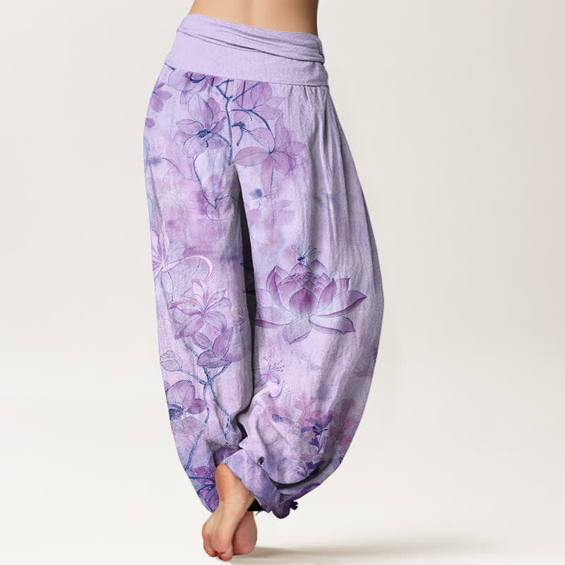 Buddha Stones Cotton Lotus Bloom Dragonfly Pattern Women's Elastic Waist Harem Pants - image 6
