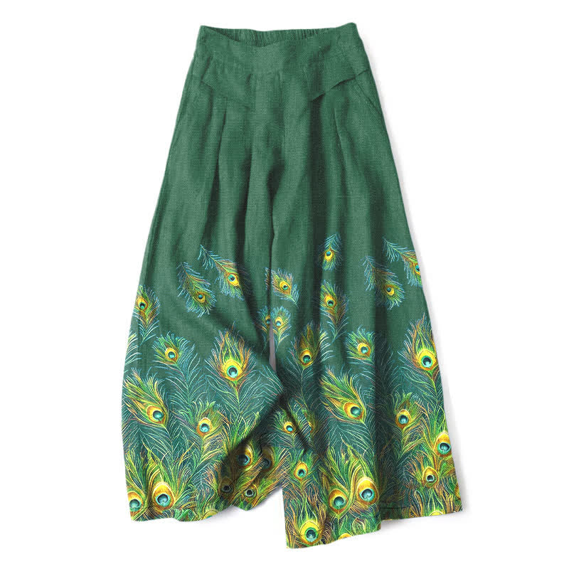 Buddha Stones Cotton Linen Peacock Feather Pattern Women's Elastic Waist Wide Leg Pants With Pockets - ForestGreen - US16，UK/AU20，EU48 (3XL) - image 4