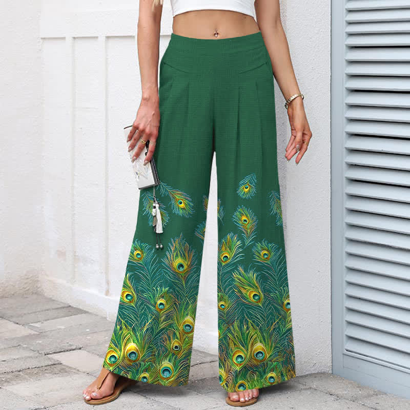 Buddha Stones Cotton Linen Peacock Feather Pattern Women's Elastic Waist Wide Leg Pants With Pockets - image 5