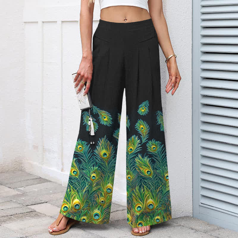 Buddha Stones Cotton Linen Peacock Feather Pattern Women's Elastic Waist Wide Leg Pants With Pockets - image 7