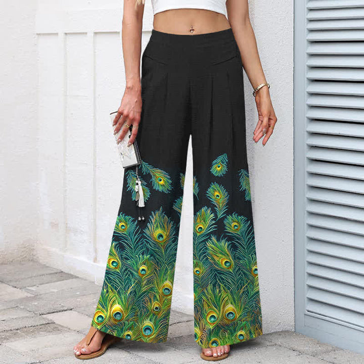Buddha Stones Cotton Linen Peacock Feather Pattern Women's Elastic Waist Wide Leg Pants With Pockets - image 7