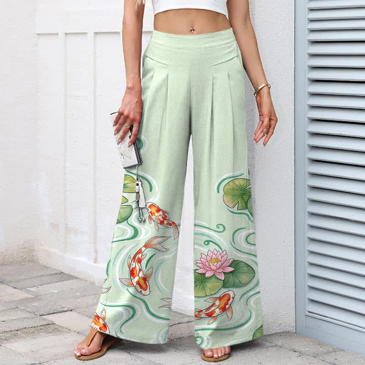 Buddha Stones Cotton Linen Koi Fish Pink Lotus Pond Pattern Women's Elastic Waist Wide Leg Pants With Pockets - image 5
