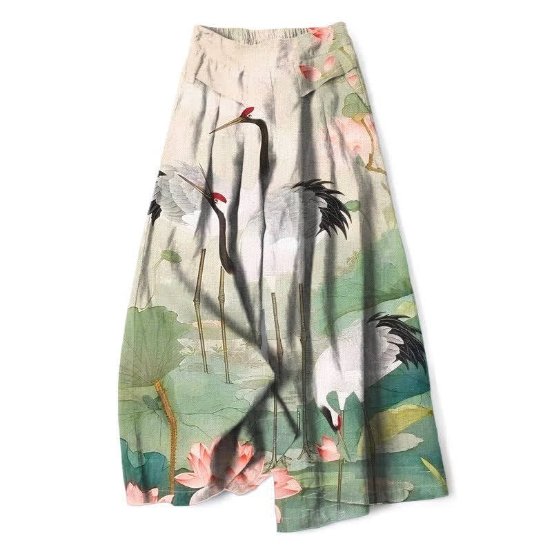 Buddha Stones Cotton Linen Crane Lotus Pattern Women's Elastic Waist Wide Leg Pants With Pockets - Linen - US16，UK/AU20，EU48 (3XL) - image 0