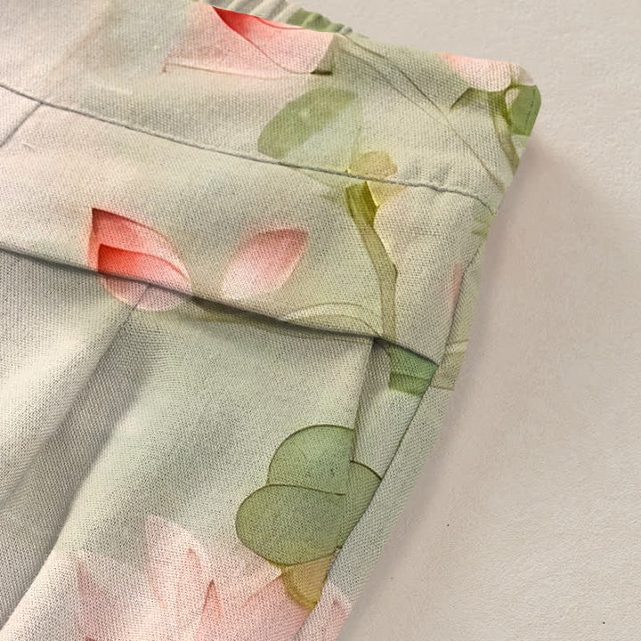Buddha Stones Cotton Linen Crane Lotus Pattern Women's Elastic Waist Wide Leg Pants With Pockets - image 2