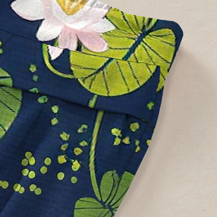 Buddha Stones Cotton Linen Lotus Green Leaf Pattern Women's Elastic Waist Wide Leg Pants With Pockets - image 2