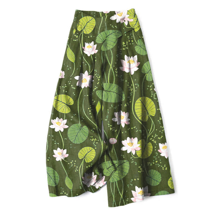 Buddha Stones Cotton Linen Lotus Green Leaf Pattern Women's Elastic Waist Wide Leg Pants With Pockets - OliveDrab - US16，UK/AU20，EU48 (3XL) - image 6
