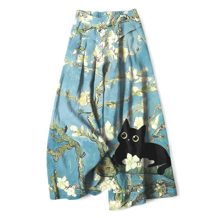 Buddha Stones Cotton Linen Blue Floral Cat Pattern Women's Elastic Waist Wide Leg Pants With Pockets - PaleTurquoise - US16，UK/AU20，EU48 (3XL) - image 0