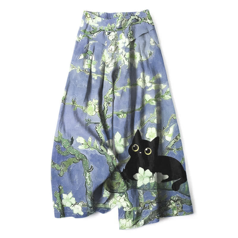 Buddha Stones Cotton Linen Blue Floral Cat Pattern Women's Elastic Waist Wide Leg Pants With Pockets - MediumSlateBlue - US16，UK/AU20，EU48 (3XL) - image 4