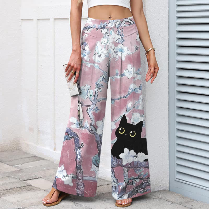 Buddha Stones Cotton Linen Blue Floral Cat Pattern Women's Elastic Waist Wide Leg Pants With Pockets - image 7