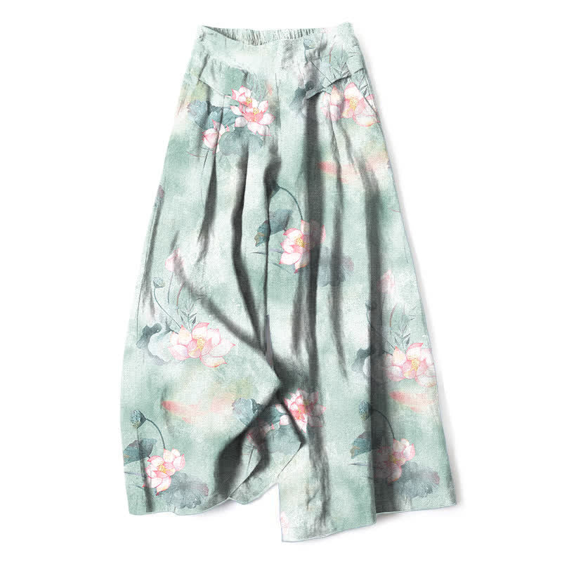 Buddha Stones Cotton Linen Watercolor Lotus Leaves Floral Pattern Women's Elastic Waist Wide Leg Pants With Pockets - Aquamarine - US16，UK/AU20，EU48 (3XL) - image 0