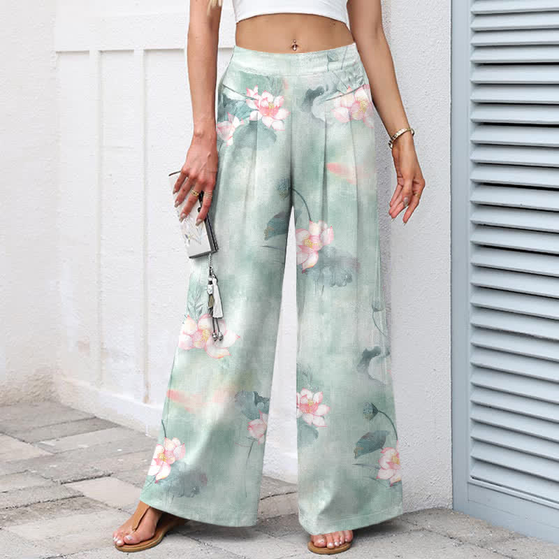 Buddha Stones Cotton Linen Watercolor Lotus Leaves Floral Pattern Women's Elastic Waist Wide Leg Pants With Pockets - image 1