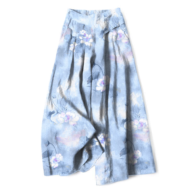 Buddha Stones Cotton Linen Watercolor Lotus Leaves Floral Pattern Women's Elastic Waist Wide Leg Pants With Pockets - LightBlue - US16，UK/AU20，EU48 (3XL) - image 6
