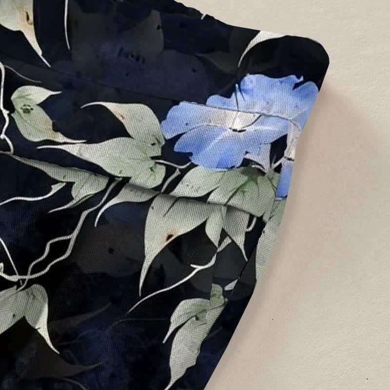Buddha Stones Cotton Linen Blue Floral Leaves Pattern Women's Elastic Waist Wide Leg Pants With Pockets - image 2
