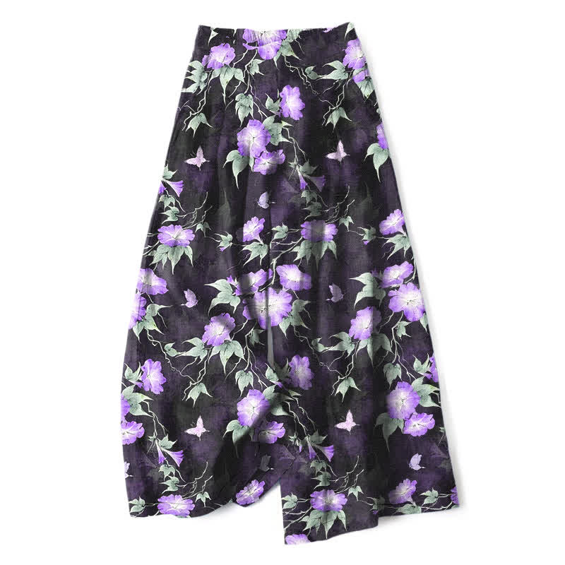 Buddha Stones Cotton Linen Blue Floral Leaves Pattern Women's Elastic Waist Wide Leg Pants With Pockets - MediumOrchid - US16，UK/AU20，EU48 (3XL) - image 4