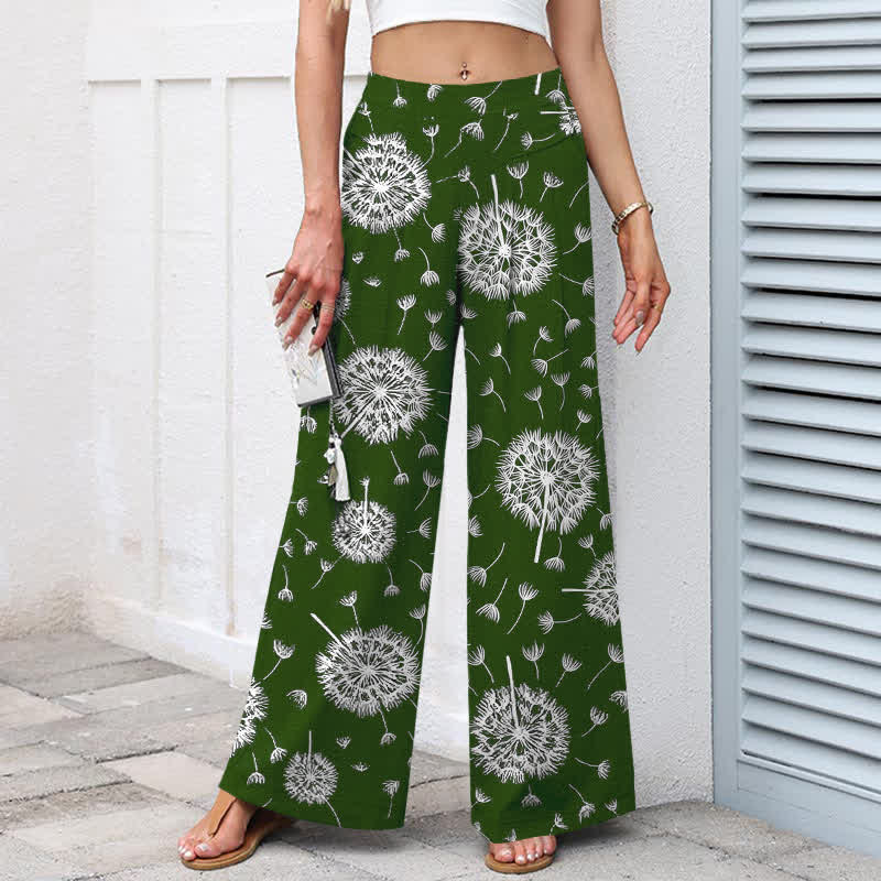 Buddha Stones Cotton Linen White Dandelion Pattern Women's Elastic Waist Wide Leg Pants With Pockets - image 5