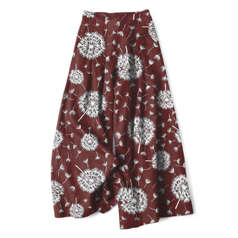Buddha Stones Cotton Linen White Dandelion Pattern Women's Elastic Waist Wide Leg Pants With Pockets - Maroon - US16，UK/AU20，EU48 (3XL) - image 6
