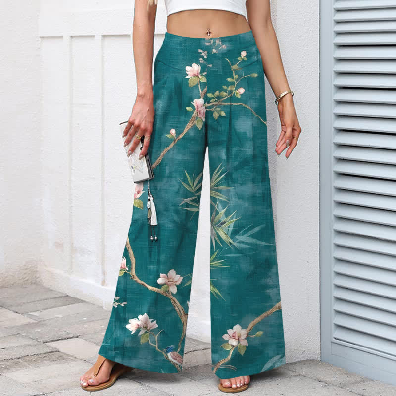 Buddha Stones Cotton Linen Oriental Light Pink Floral Pattern Women's Elastic Waist Wide Leg Pants With Pockets - image 1