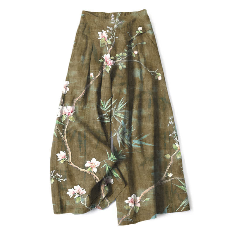 Buddha Stones Cotton Linen Oriental Light Pink Floral Pattern Women's Elastic Waist Wide Leg Pants With Pockets - Olive - US16，UK/AU20，EU48 (3XL) - image 6