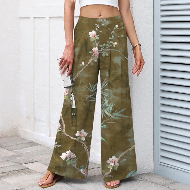 Buddha Stones Cotton Linen Oriental Light Pink Floral Pattern Women's Elastic Waist Wide Leg Pants With Pockets - image 7