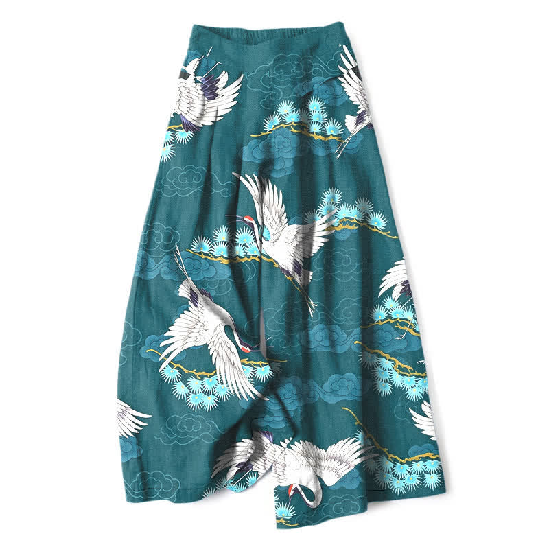 Buddha Stones Cotton Linen White Crane Auspicious Clouds Pine Pattern Women's Elastic Waist Wide Leg Pants With Pockets - Teal - US16，UK/AU20，EU48 (3XL) - image 4