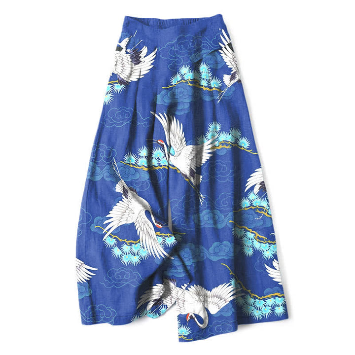 Buddha Stones Cotton Linen White Crane Auspicious Clouds Pine Pattern Women's Elastic Waist Wide Leg Pants With Pockets - RoyalBlue - US16，UK/AU20，EU48 (3XL) - image 6