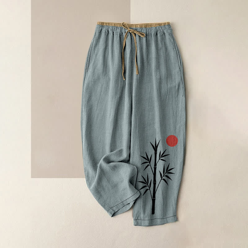 Buddha Stones Cotton Zen Bamboo Pattern Women's Elastic Waist Pants With Pockets - CadetBlue - US16，UK/AU20，EU48 (3XL) - image 8