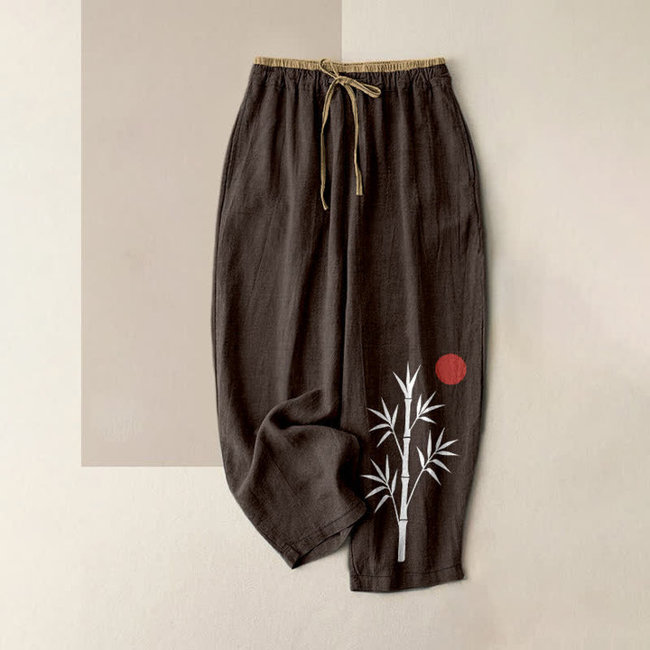 Buddha Stones Cotton Zen Bamboo Pattern Women's Elastic Waist Pants With Pockets - SaddleBrown - US16，UK/AU20，EU48 (3XL) - image 4